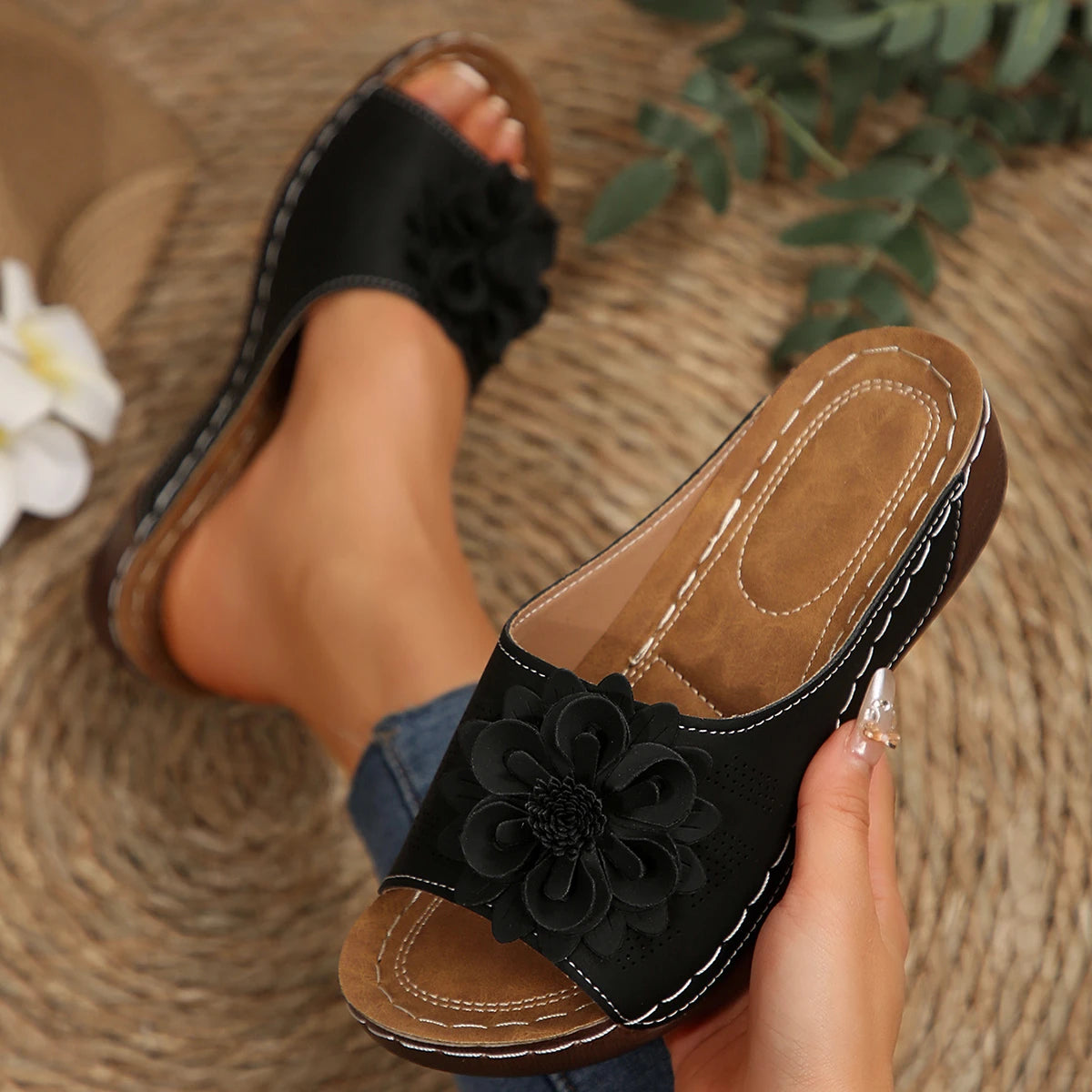 Floral woven platform sandals