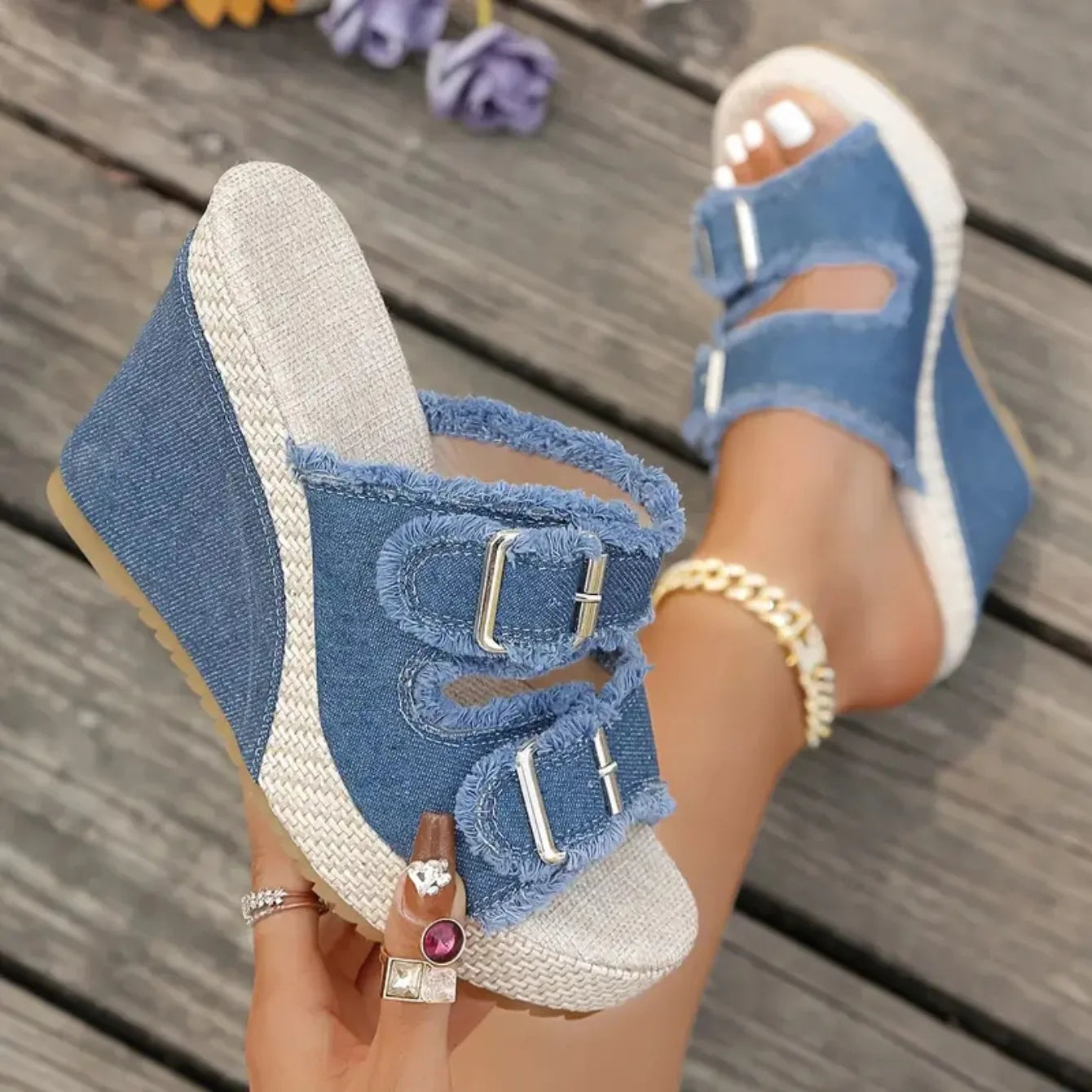Denim wedge sandals