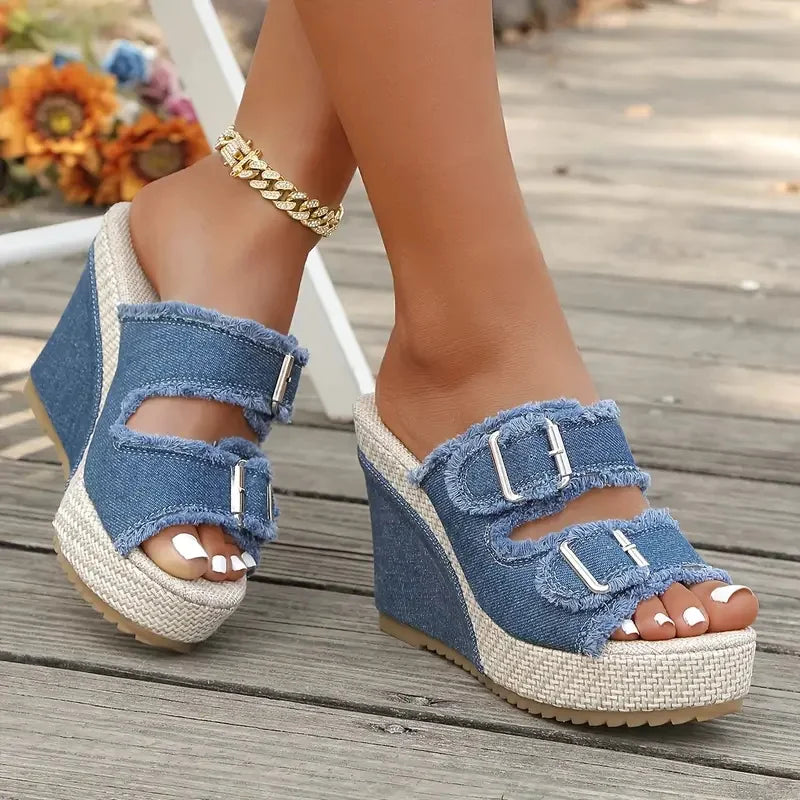 Denim wedge sandals