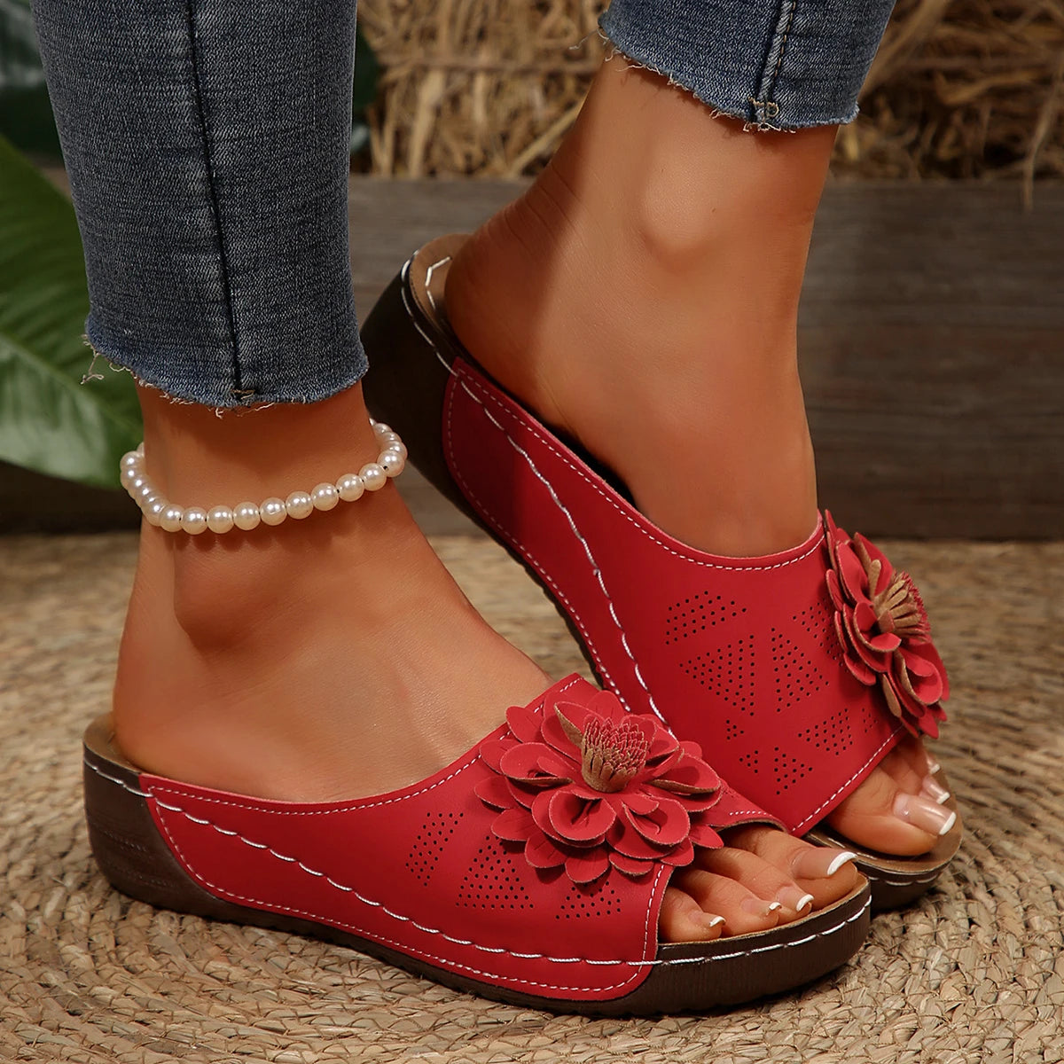 Floral woven platform sandals
